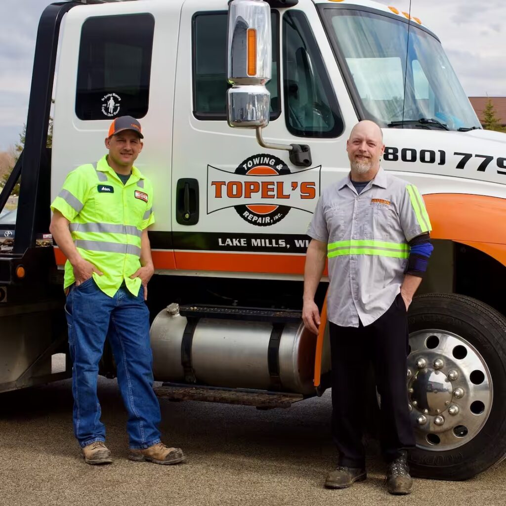 Dan Topel and Adam Zimmerman with the Topel's Tow truck behind them