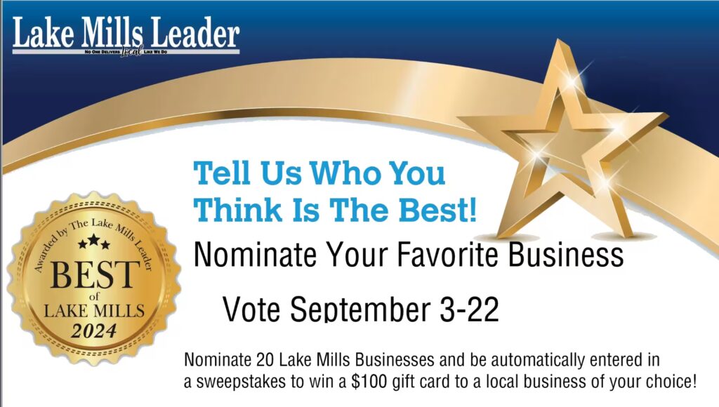 A poster for the Nominate Your Favorite Business event by Lake Mills Leader