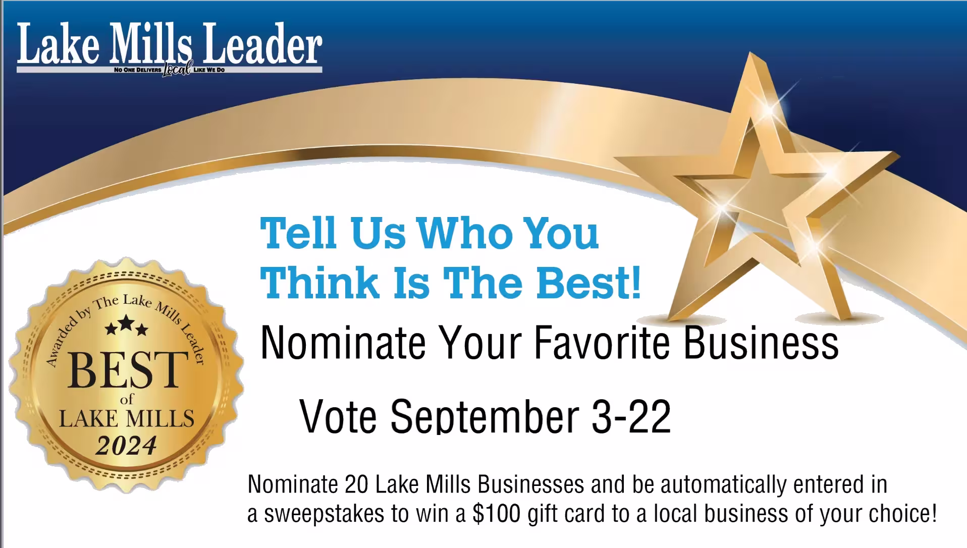 A poster for the Nominate Your Favorite Business event by Lake Mills Leader