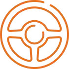 an orange icon of a car's steering wheel